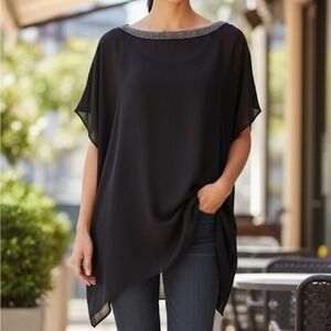 Eileen Fisher 100% Silk Georgette Beaded Tunic‎ Top Size XS Black